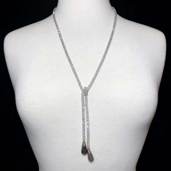 Light Grey Glass Stone Beaded Wrap Tie Necklace - Picture 5 of 7